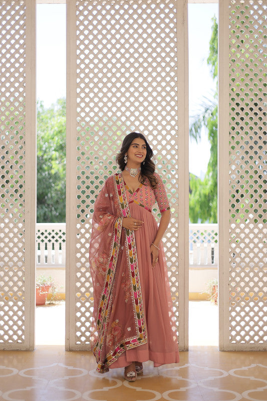 Jyoti Fashion Women's Peach Faux Georgette Sequins Zari Embroidered Anarkali Dress with Dupatta - Distacart