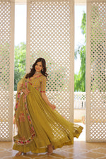 Thumbnail for Jyoti Fashion Women's Mehendi Faux Georgette Sequins Zari Embroidered Anarkali Dress with Dupatta - Distacart
