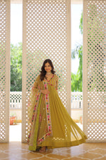 Thumbnail for Jyoti Fashion Women's Mehendi Faux Georgette Sequins Zari Embroidered Anarkali Dress with Dupatta - Distacart