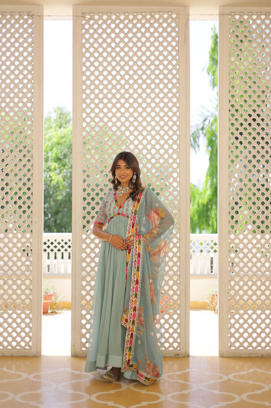 Jyoti Fashion Women's Sky Blue Faux Georgette Sequins Zari Embroidered Anarkali Dress with Dupatta - Distacart