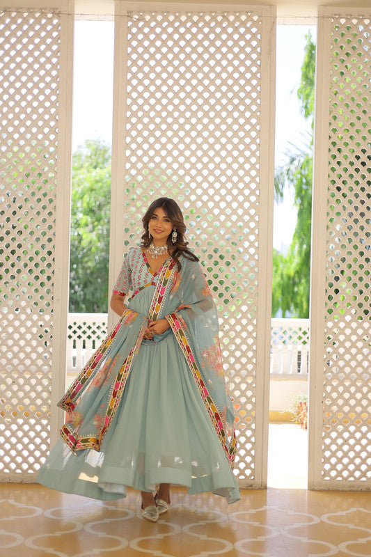 Jyoti Fashion Women's Sky Blue Faux Georgette Sequins Zari Embroidered Anarkali Dress with Dupatta - Distacart