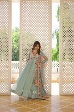 Thumbnail for Jyoti Fashion Women's Sky Blue Faux Georgette Sequins Zari Embroidered Anarkali Dress with Dupatta - Distacart