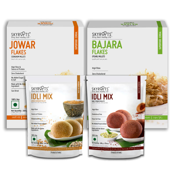 Skyroots Jowar Flakes + Bajara Flakes + Ragi Idli Mix + Jowar Idli Mix Combo Pack - Distacart