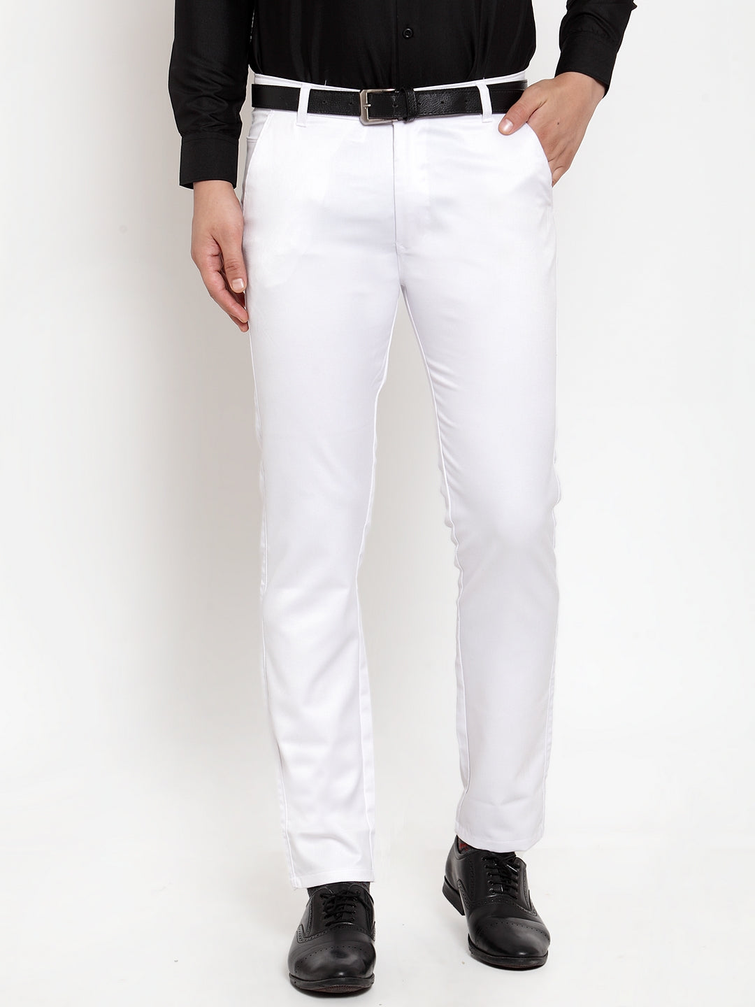 Jainish Men's White Tapered Fit Formal Trousers - Distacart