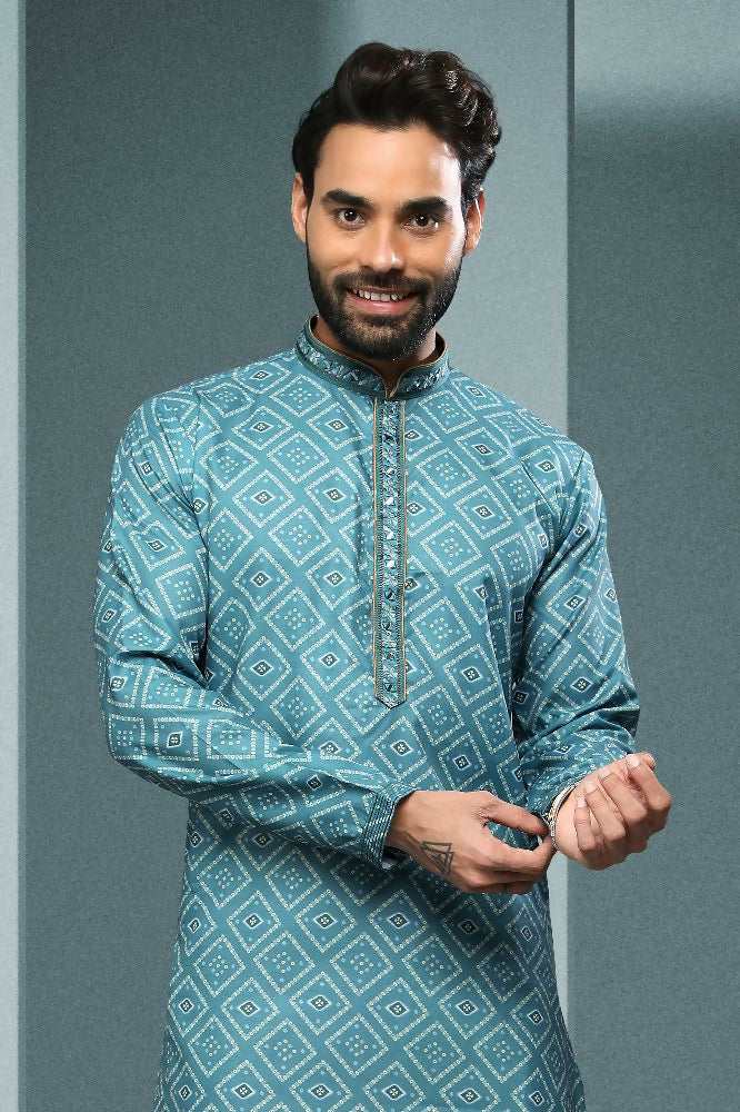 Raivat Ethnic Cotton Digital Print Mirror Work Kurta Pajama In Sky Blue Colour - Distacart