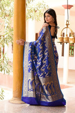Thumbnail for Joban Fashion Ink Blue Banarasi Soft Pure Handloom Banarasi Silk Saree