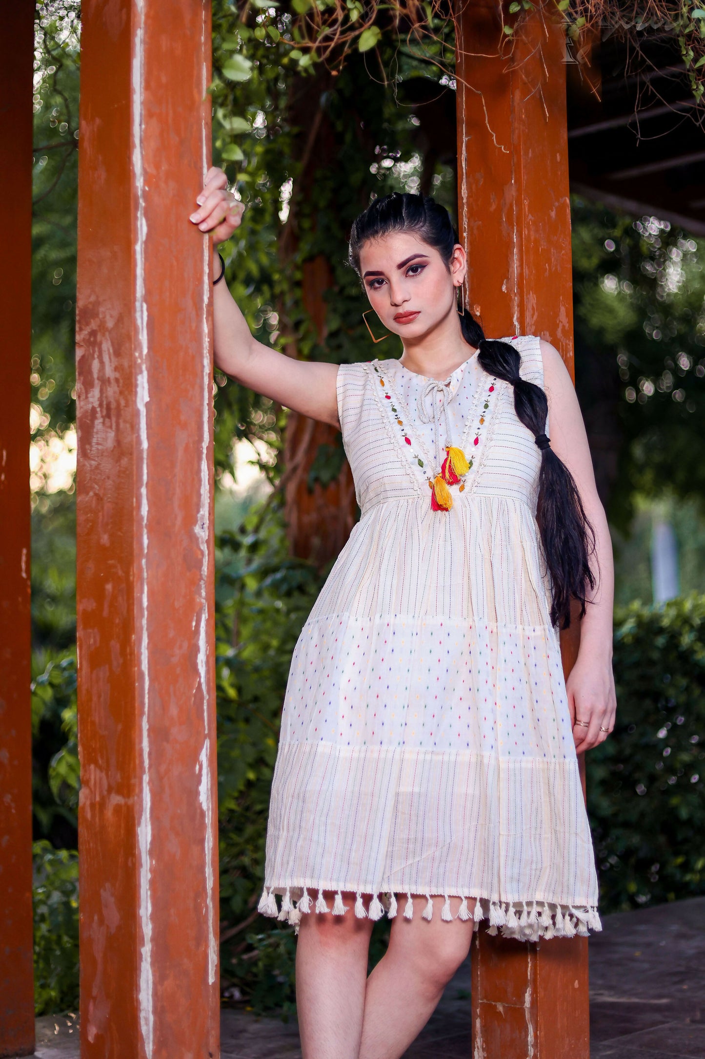 Aayaa Designer Multi Thread Hand Work Khadi Cotton One Piece Dress - Off White - Distacart