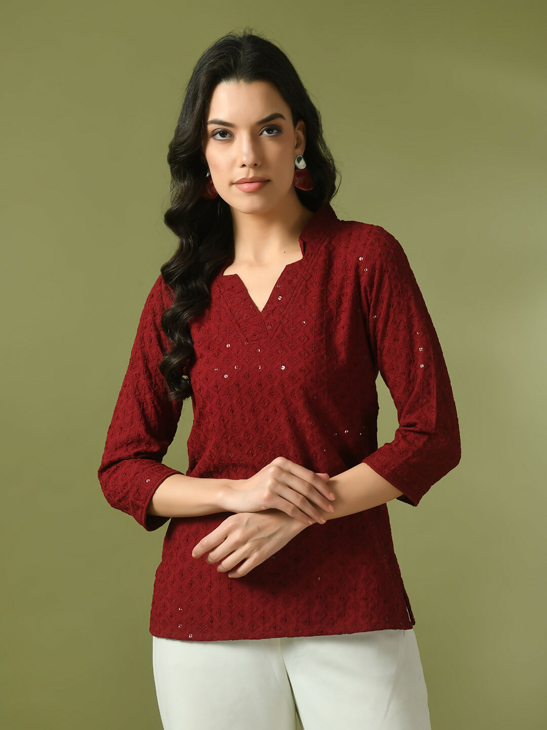 Myshka Women's Maroon Embellished Cotton Regular Party Tunic - Distacart