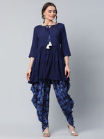 Thumbnail for Ahalyaa Women Navy Blue Rayon Floral Empire Kurti with Dhoti Pants - Distacart