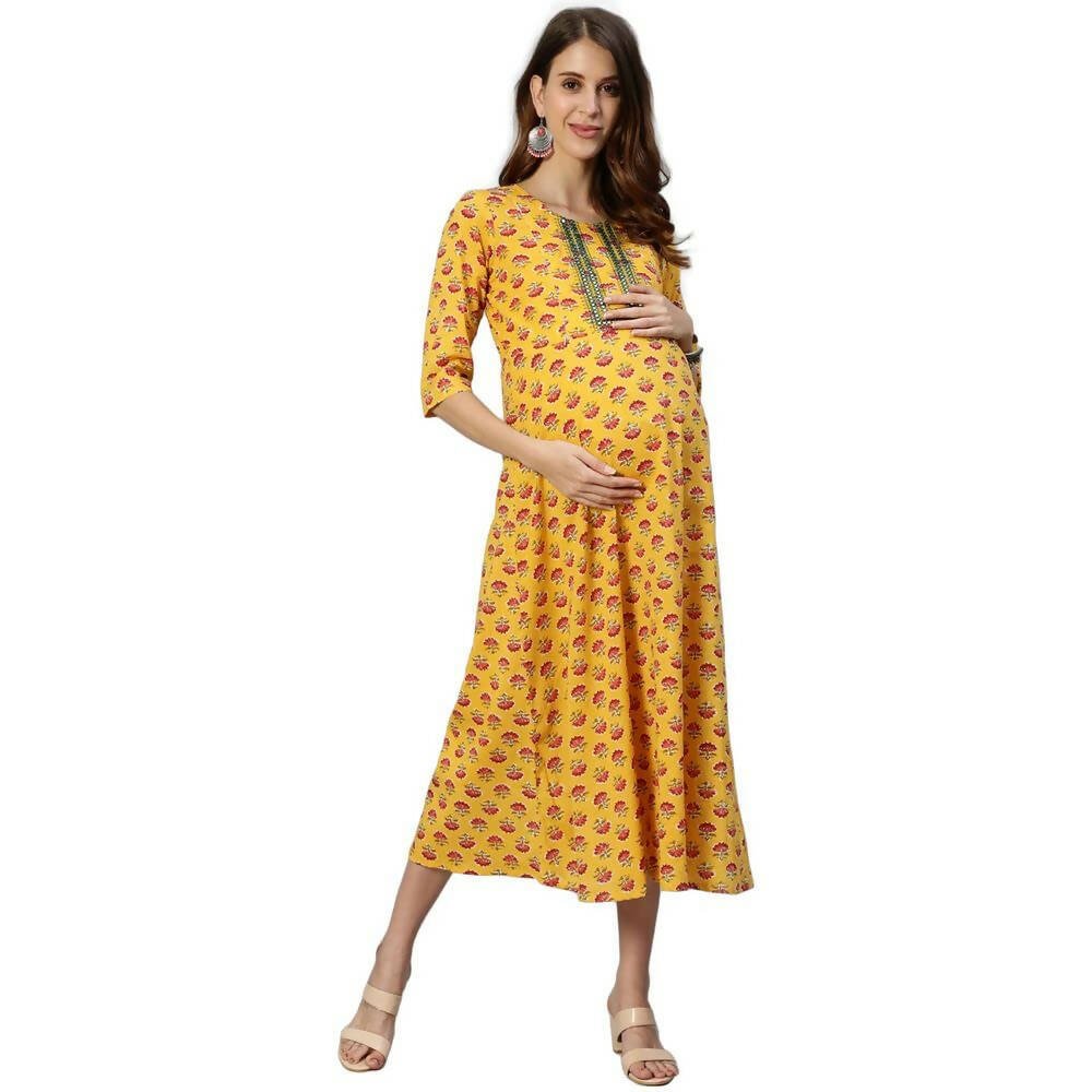 Anubhutee Women's Cotton Knee-Length Floral Printed Maternity A-Line Midi Yellow Dress - Distacart