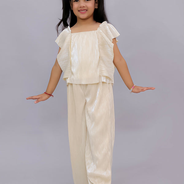 Lil Drama Glam Up Girls Beige Party Top and Pant Set