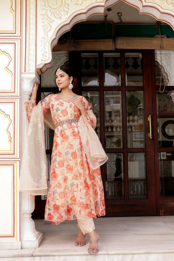 Vaasva Women Cream Organza Floral Print & Embroidered Anarkali Kurta, Pant & Dupatta set - Distacart