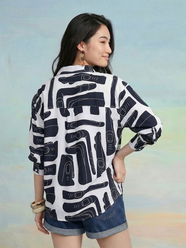 Janasya Navy Blue Shirt Rayon Blend Top - Dista
