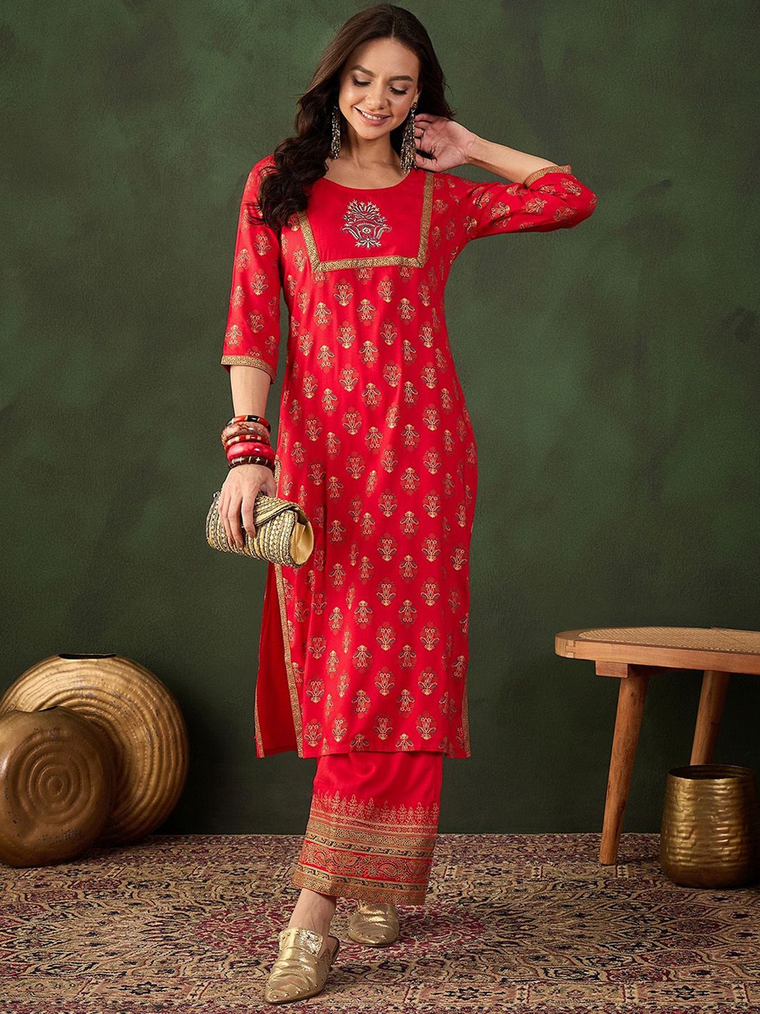 Sangria Printed Kurta With Palazzo - Distacart