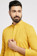 Thumbnail for Ethnic India Yellow Men's Kurta Ethnic Motifs Cotton - Distacart