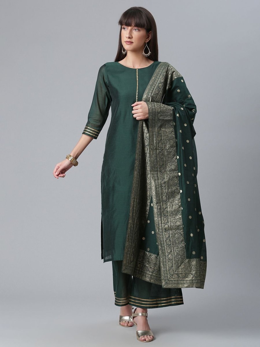 Ahalyaa Dark Green Chanderi Solid Kurta With Palazzo And Dupatta Set