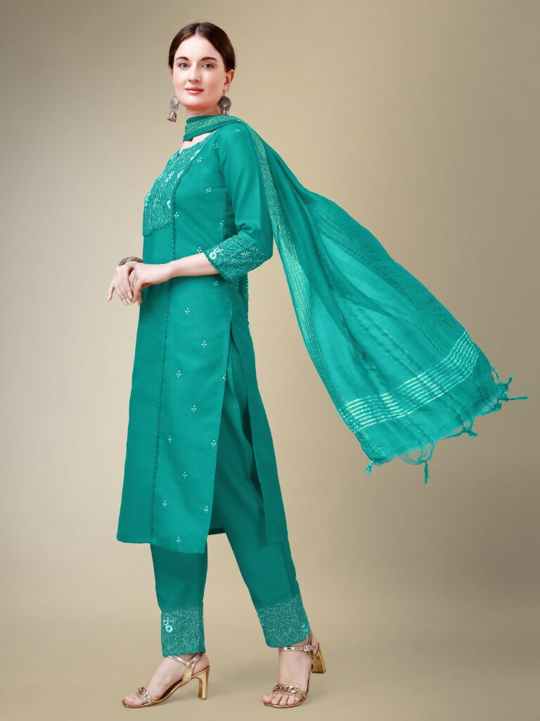 Jyoti Fashion Women's Rama Cotton Blend Embroidery & Fancy Lace work Kurta with Trouser & Dupatta - Distacart