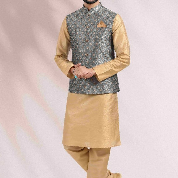 Raivat Ethnic Jacquard Banarasi Silk Woven Work 3 Pics Jacket Set In Grey Colour - Distacart