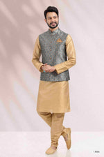 Thumbnail for Raivat Ethnic Jacquard Banarasi Silk Woven Work 3 Pics Jacket Set In Grey Colour - Distacart