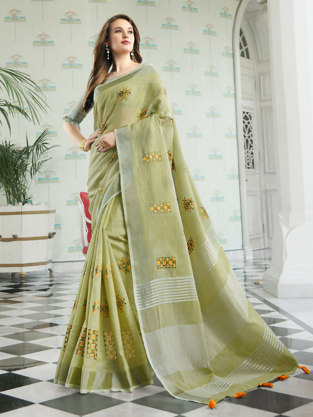 Astita Linen Pista Green Saree