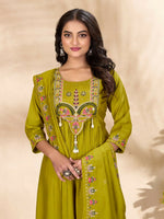 Thumbnail for Lehenga Mart Designer Anarkali Suit With Kurta, Pant, Dupatta For Women-Lime Green - Distacart