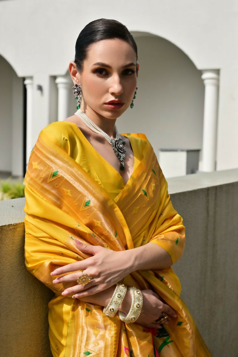 Vishnu Weaves Women's Yellow Paithani Silk Zari Woven Saree with Blouse