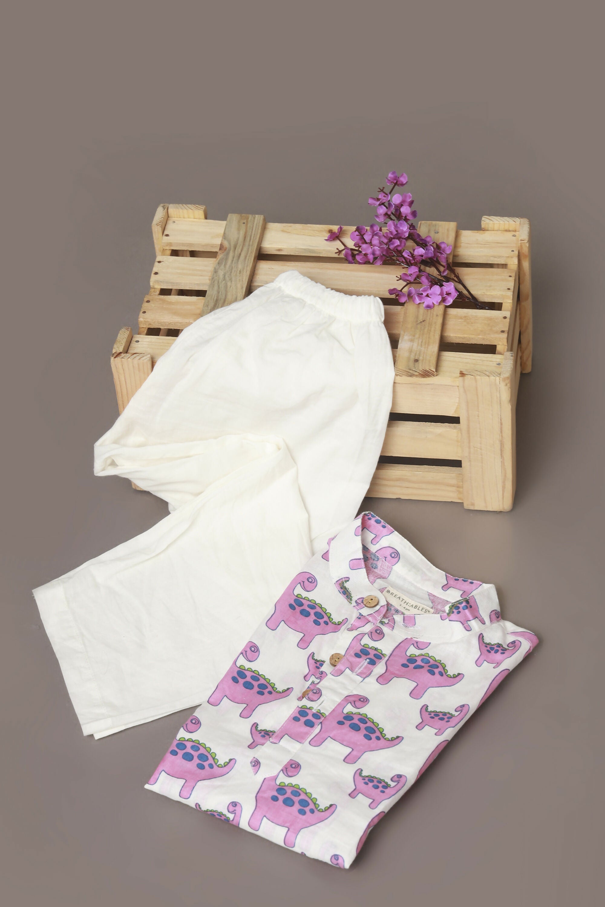 Breathables Kids Boys & Girls Cotton Night Suit – Purple Dinosaur Print Kurta & Pyjama Co-Ord Set - Dista