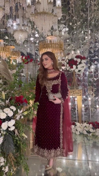 Joban Fashion Wine Velvet Sequence Embroidery Work Kurta Set