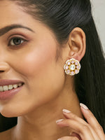 Thumbnail for Nuyug 22K Gold-Plated Pink Kundan Studded & Beaded Floral Shaped Studs