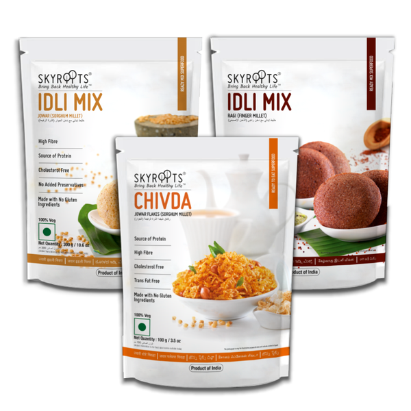 Skyroots Jowar Idli Mix + Jowar Flakes Chivda + Ragi Idli Mix Combo Pack - Distacart