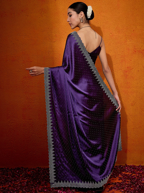 NOZ2TOZ Women's Satin Silk Purple Embellished Designer Saree With Blouse Piece - Distacart