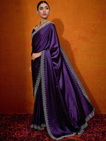 Thumbnail for NOZ2TOZ Women's Satin Silk Purple Embellished Designer Saree With Blouse Piece - Distacart