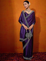 Thumbnail for NOZ2TOZ Women's Satin Silk Purple Embellished Designer Saree With Blouse Piece - Distacart