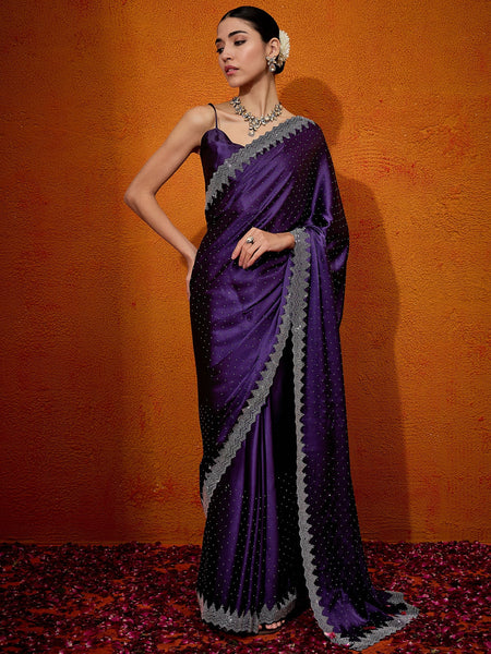 NOZ2TOZ Women's Satin Silk Purple Embellished Designer Saree With Blouse Piece - Distacart