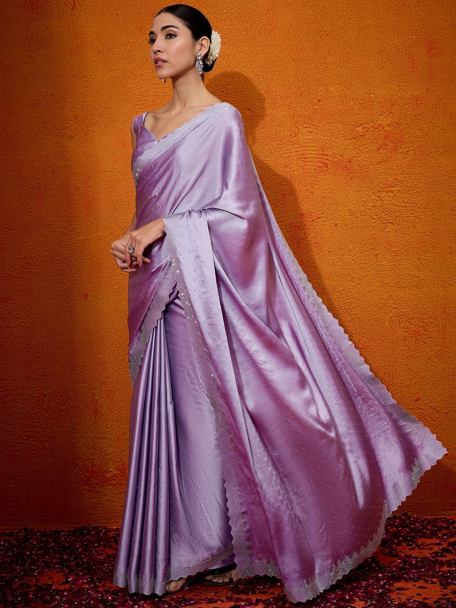 NOZ2TOZ Women's Satin Silk Lavender Embellished Designer Saree With Blouse Piece - Distacart