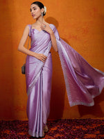 Thumbnail for NOZ2TOZ Women's Satin Silk Lavender Embellished Designer Saree With Blouse Piece - Distacart