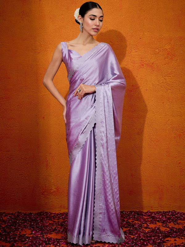 NOZ2TOZ Women's Satin Silk Lavender Embellished Designer Saree With Blouse Piece - Distacart