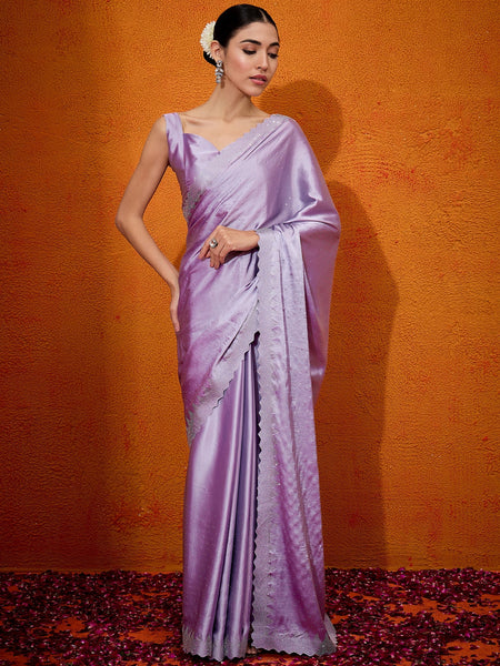 NOZ2TOZ Women's Satin Silk Lavender Embellished Designer Saree With Blouse Piece - Distacart