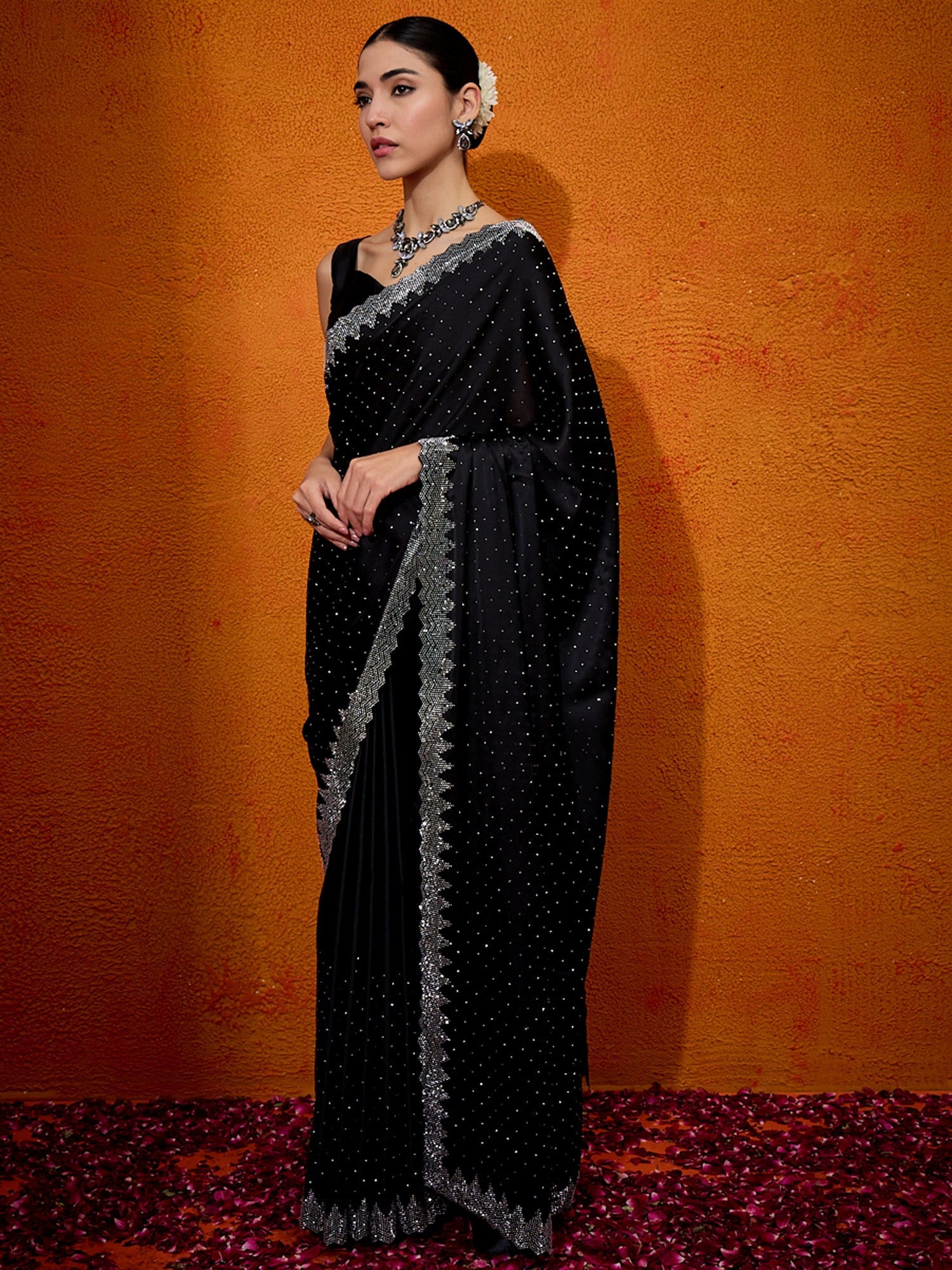 NOZ2TOZ Women's Satin Silk Black Embellished Designer Saree With Blouse Piece - Distacart