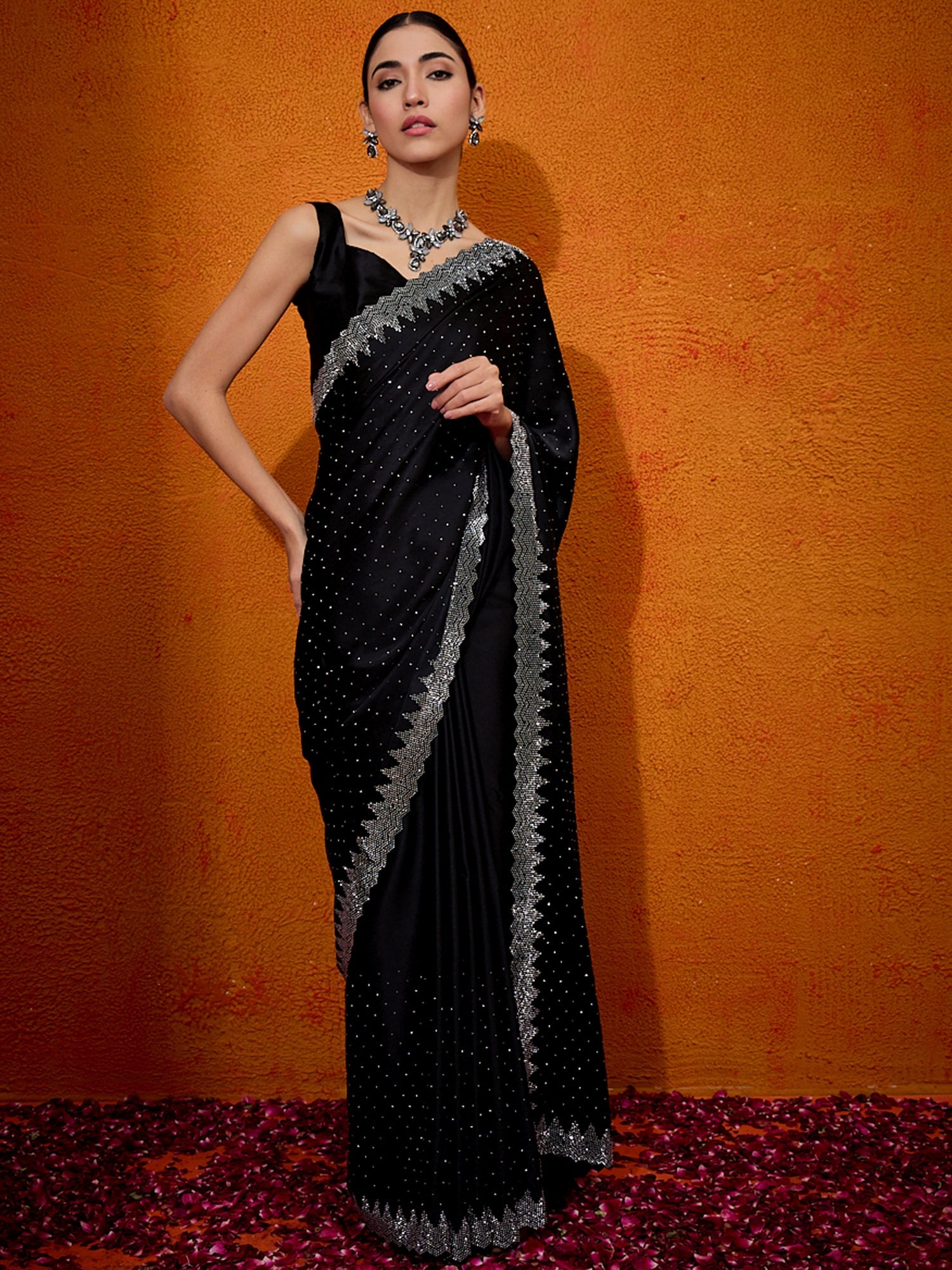 NOZ2TOZ Women's Satin Silk Black Embellished Designer Saree With Blouse Piece - Distacart