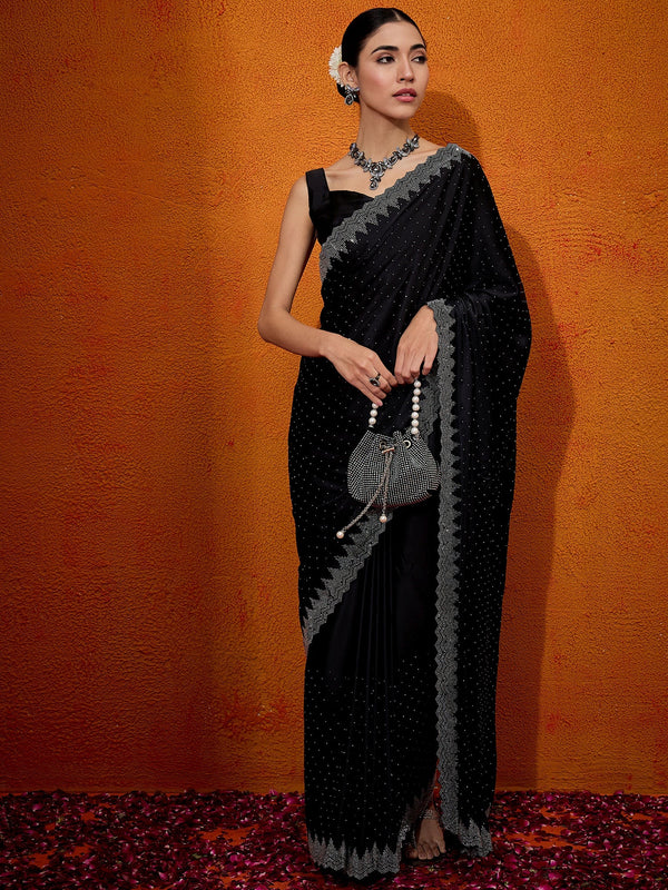 NOZ2TOZ Women's Satin Silk Black Embellished Designer Saree With Blouse Piece - Distacart