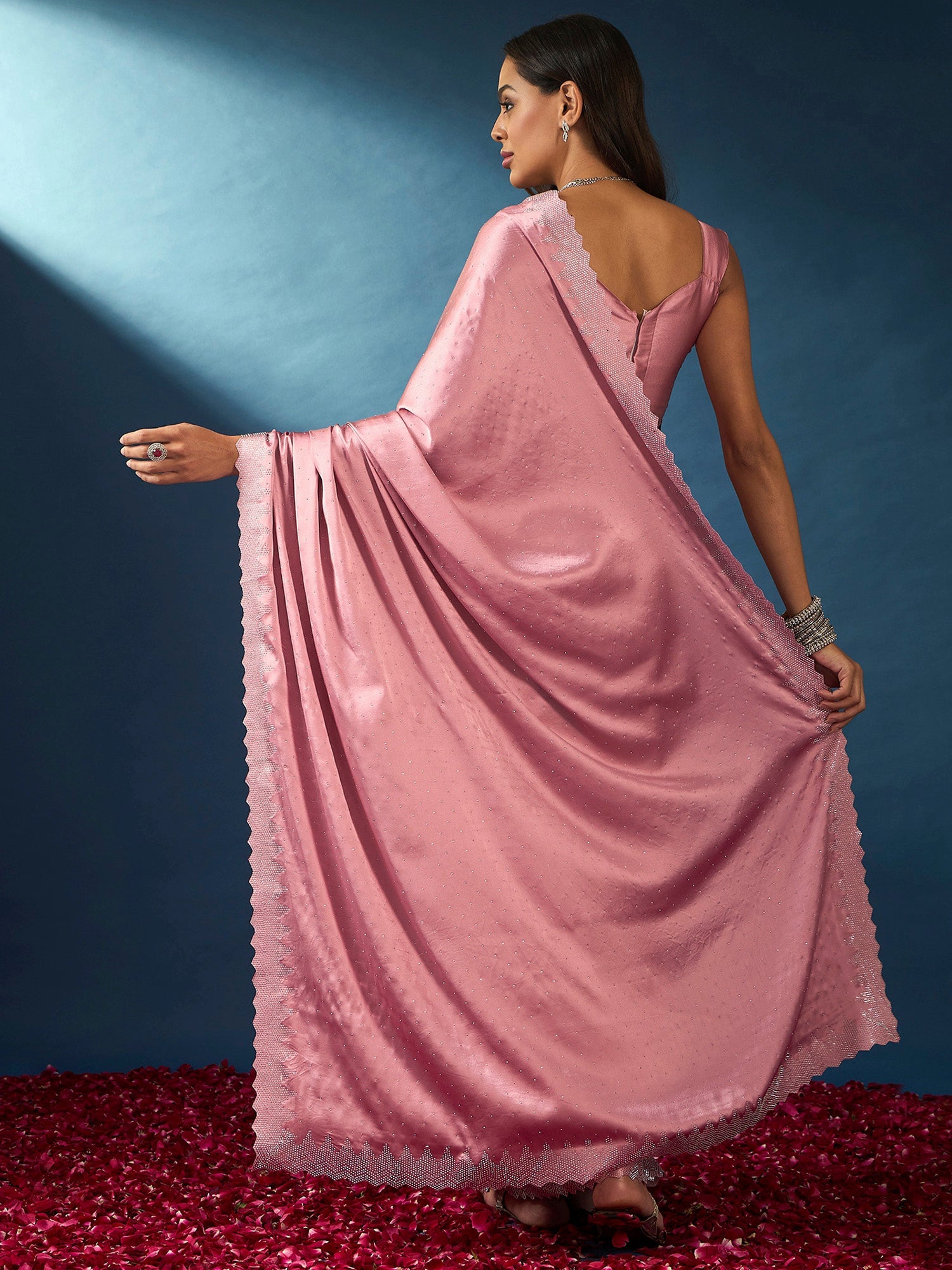 NOZ2TOZ Women's Satin Silk Pink Embellished Designer Saree With Blouse Piece - Distacart