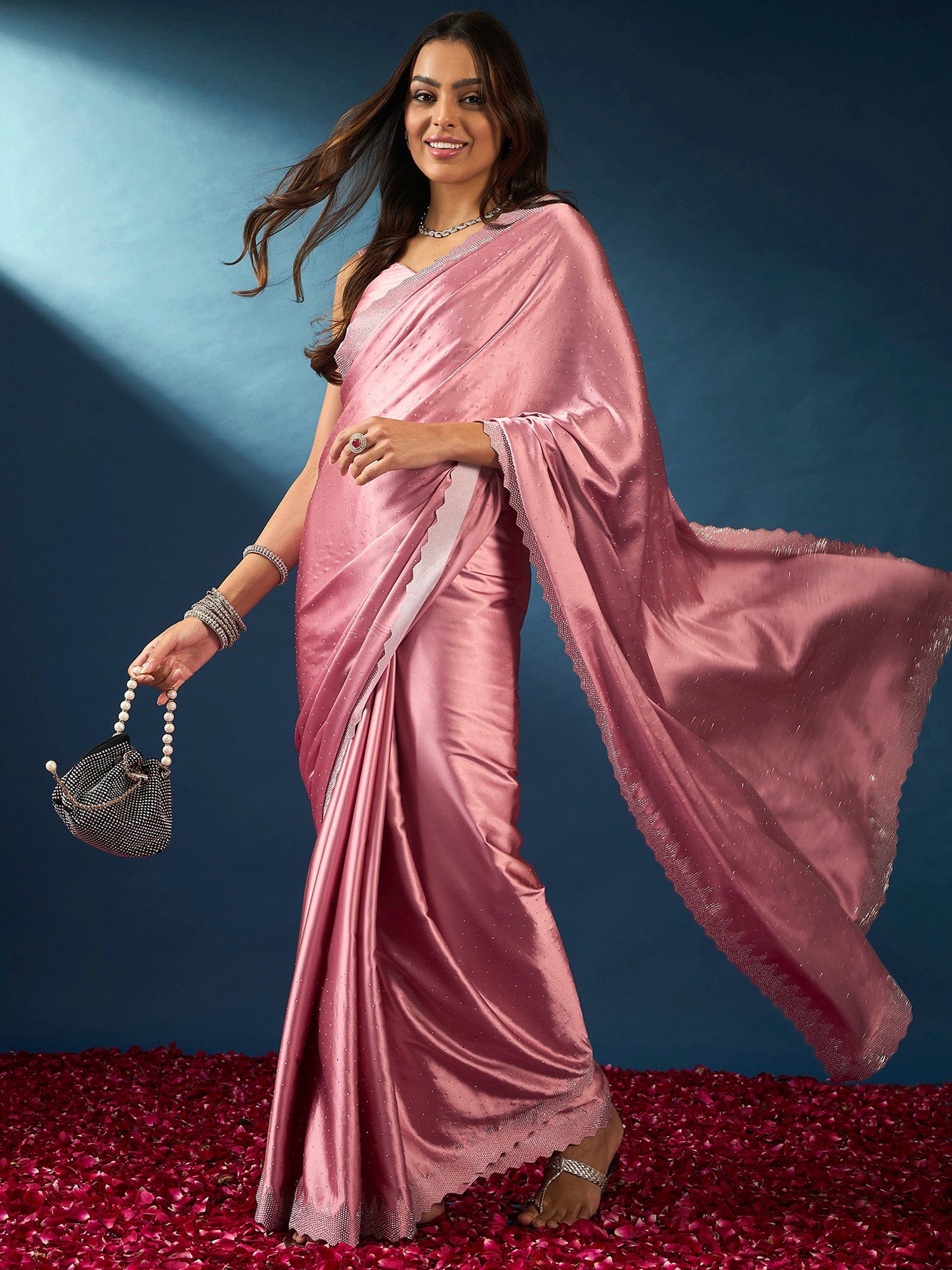 NOZ2TOZ Women's Satin Silk Pink Embellished Designer Saree With Blouse Piece - Distacart