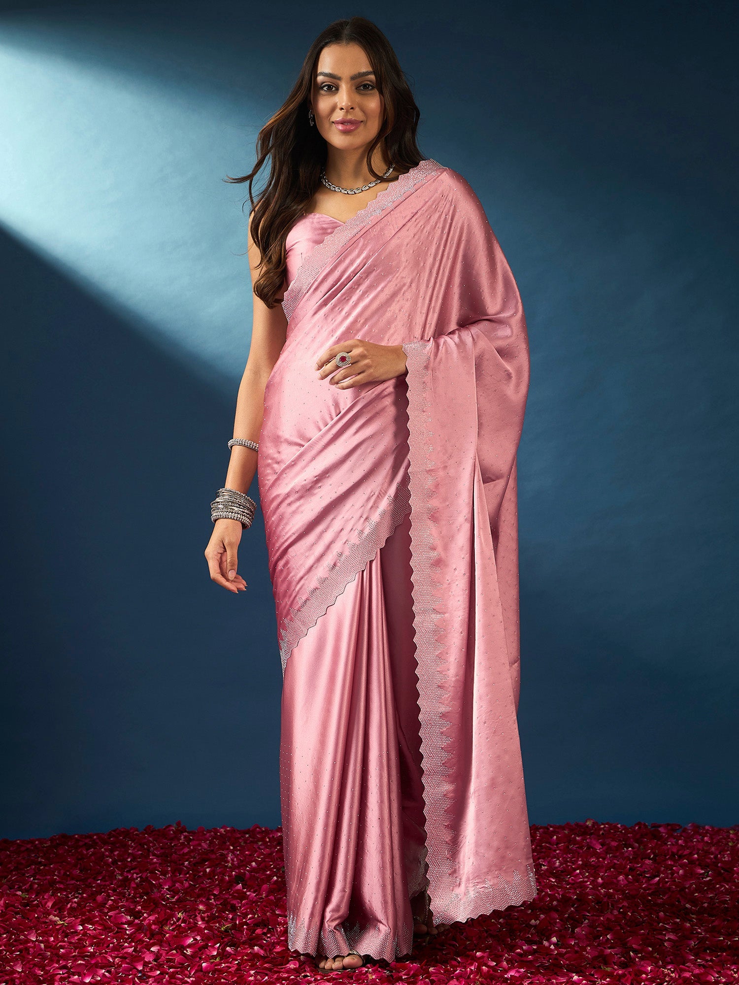 NOZ2TOZ Women's Satin Silk Pink Embellished Designer Saree With Blouse Piece - Distacart