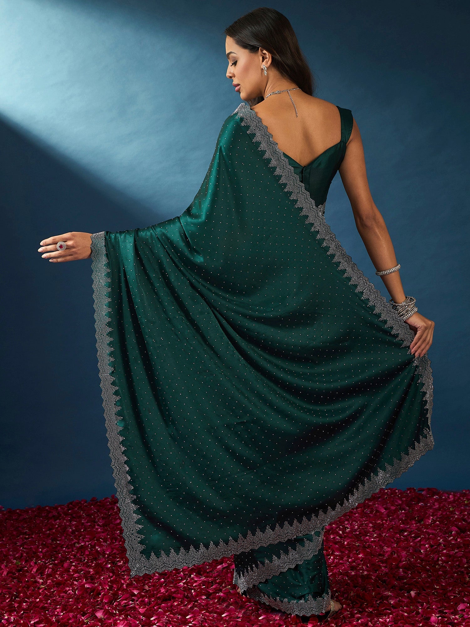 NOZ2TOZ Women's Satin Silk Teal blue Embellished Designer Saree With Blouse Piece - Distacart