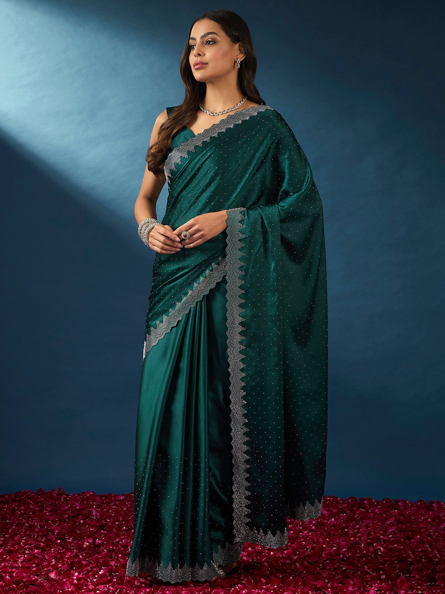NOZ2TOZ Women's Satin Silk Teal blue Embellished Designer Saree With Blouse Piece - Distacart