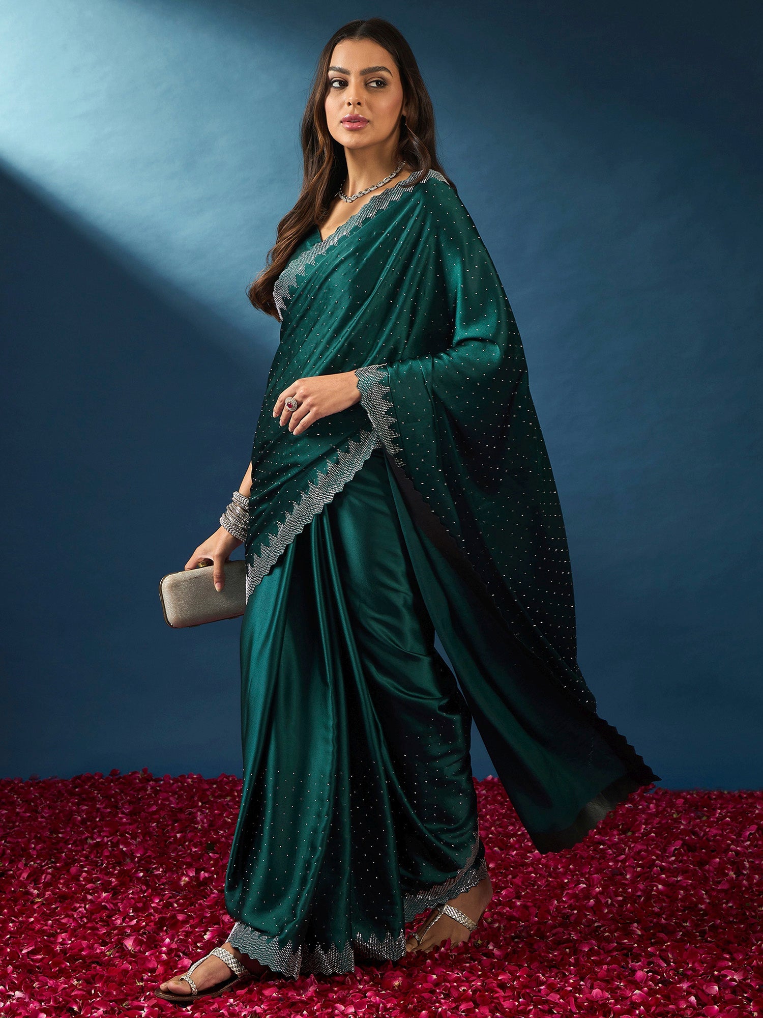 NOZ2TOZ Women's Satin Silk Teal blue Embellished Designer Saree With Blouse Piece - Distacart