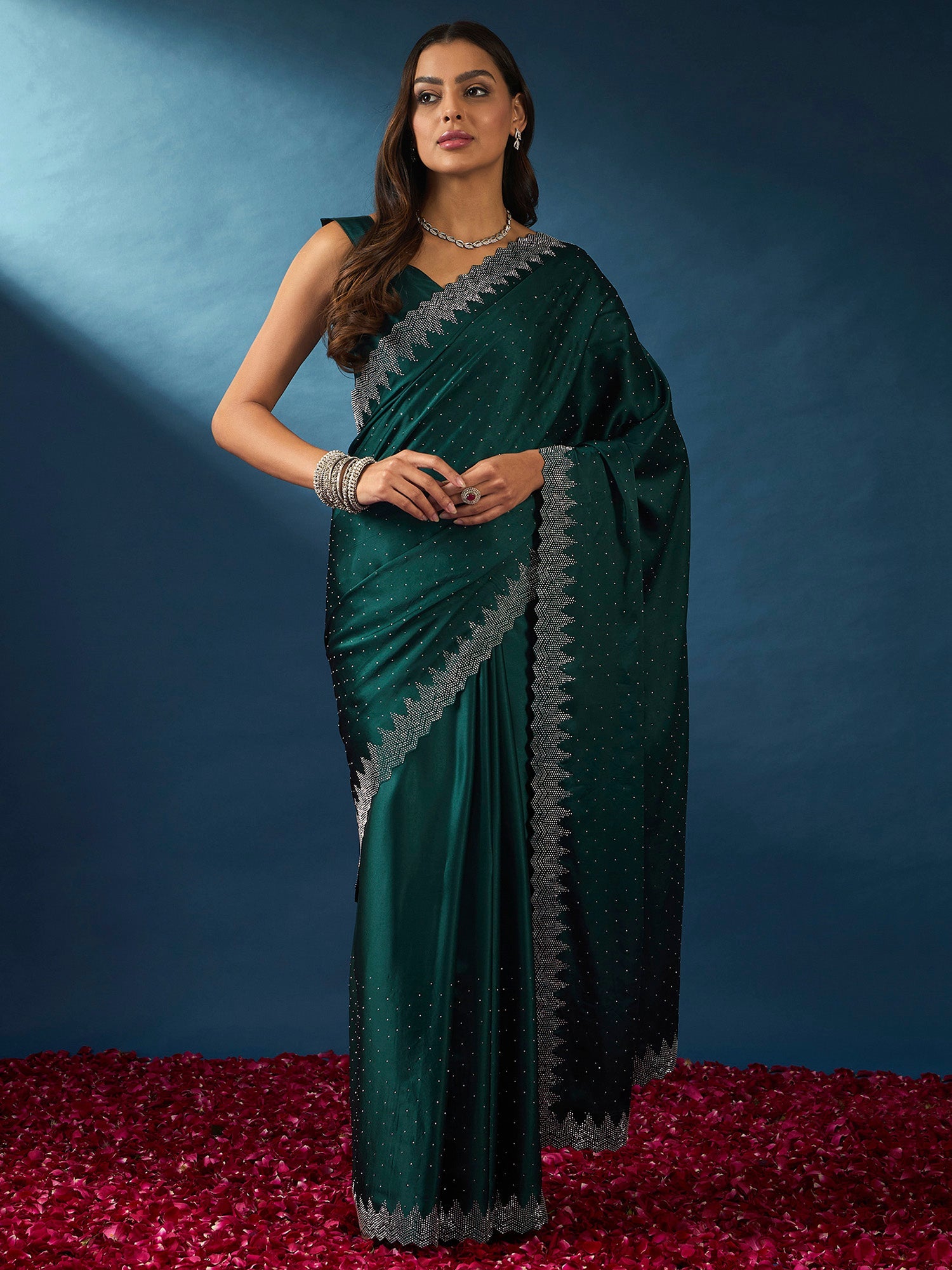 NOZ2TOZ Women's Satin Silk Teal blue Embellished Designer Saree With Blouse Piece - Distacart
