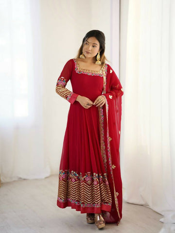 Teeya Creation Red Color Heavy Georgette Wedding Wear Embroidery Work Long Gown - Distacart