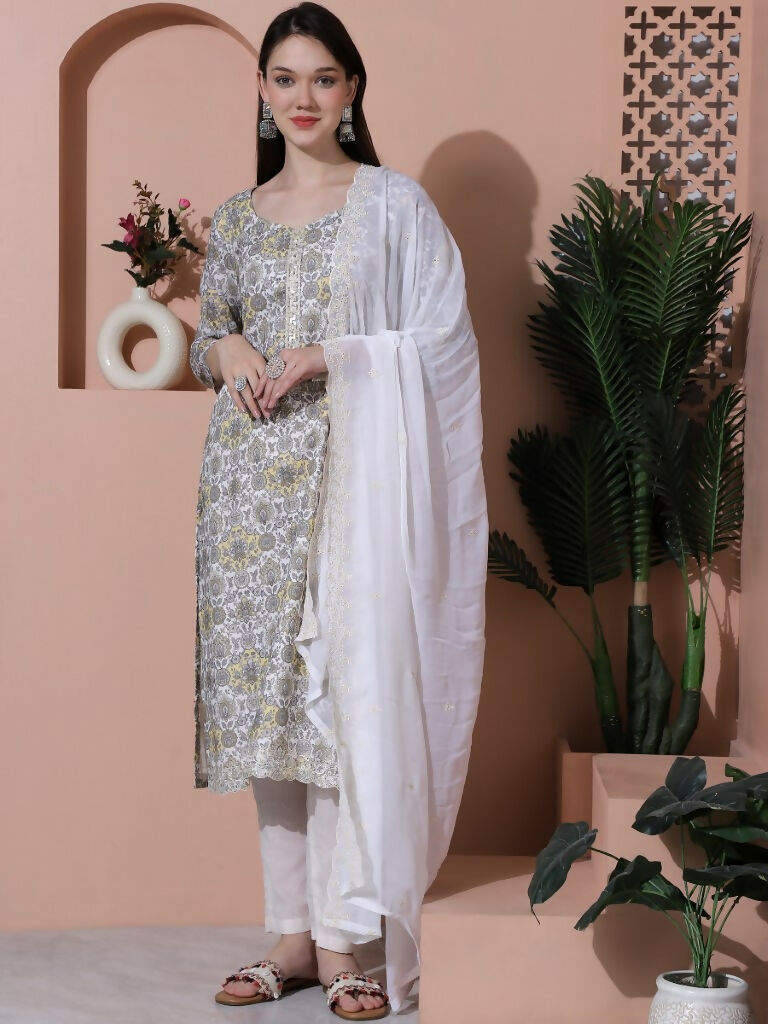Jyoti Fashion Women's Off White Cotton Floral Digital Printed Kurta with Trouser & Dupatta - Distacart